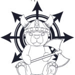 Symbol of the god Havok - a teddy bear wearing a viking helmet, holding an axe, in front of a chaos star