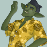 Yancy the goblin in a Hawaiian shirt